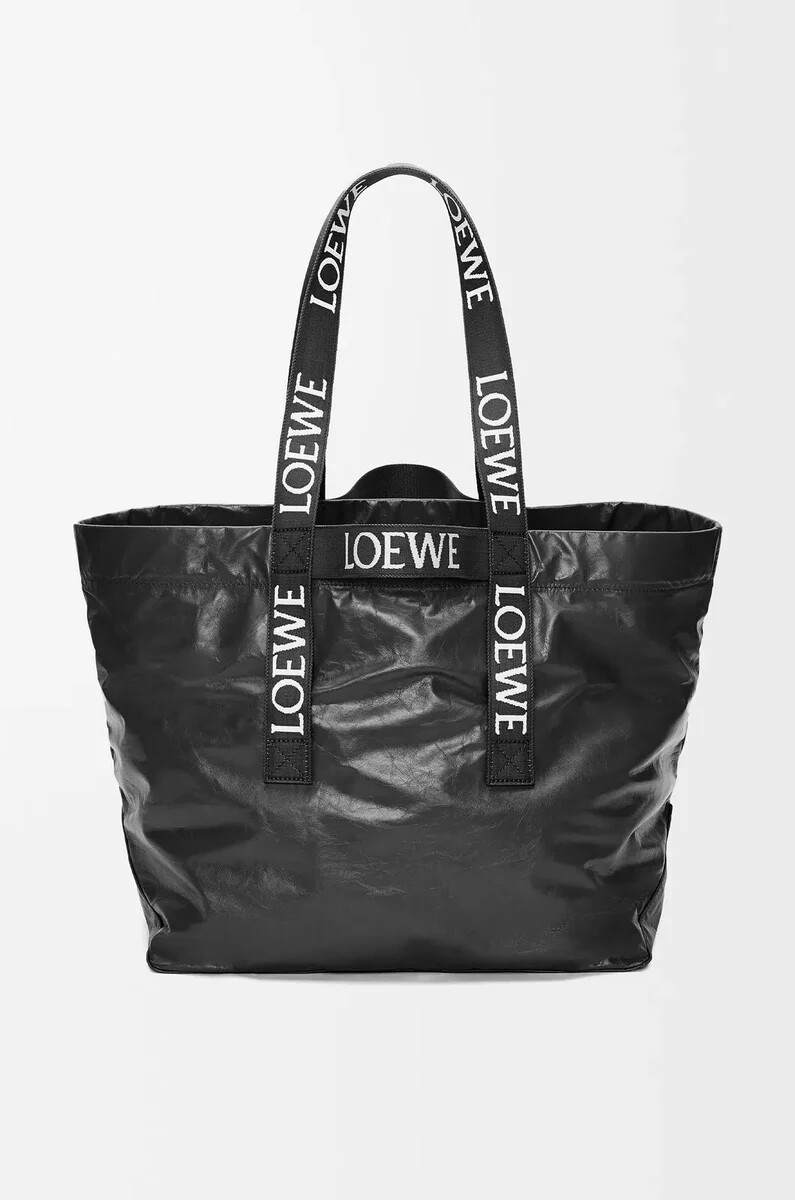 shopper pieghevole in pelle di vitello cartacea nero