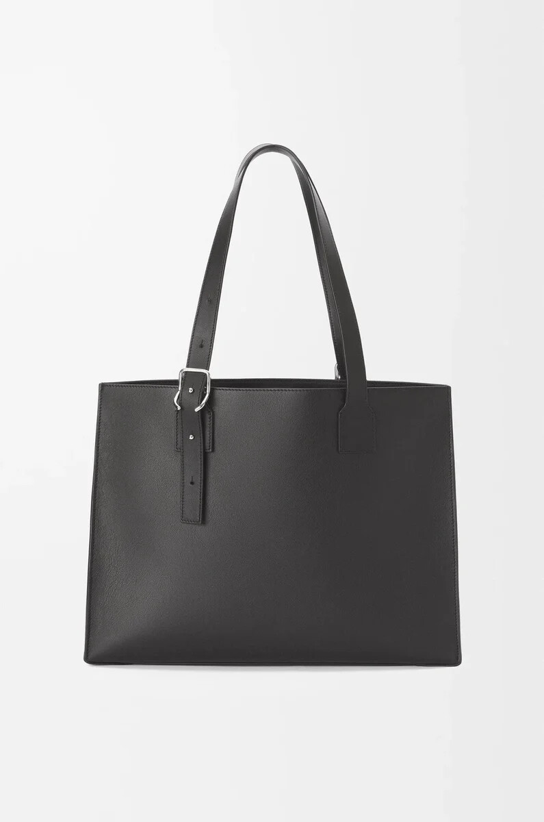 borsa tote orizzontale con fibbia in pelle di vitello classica nero