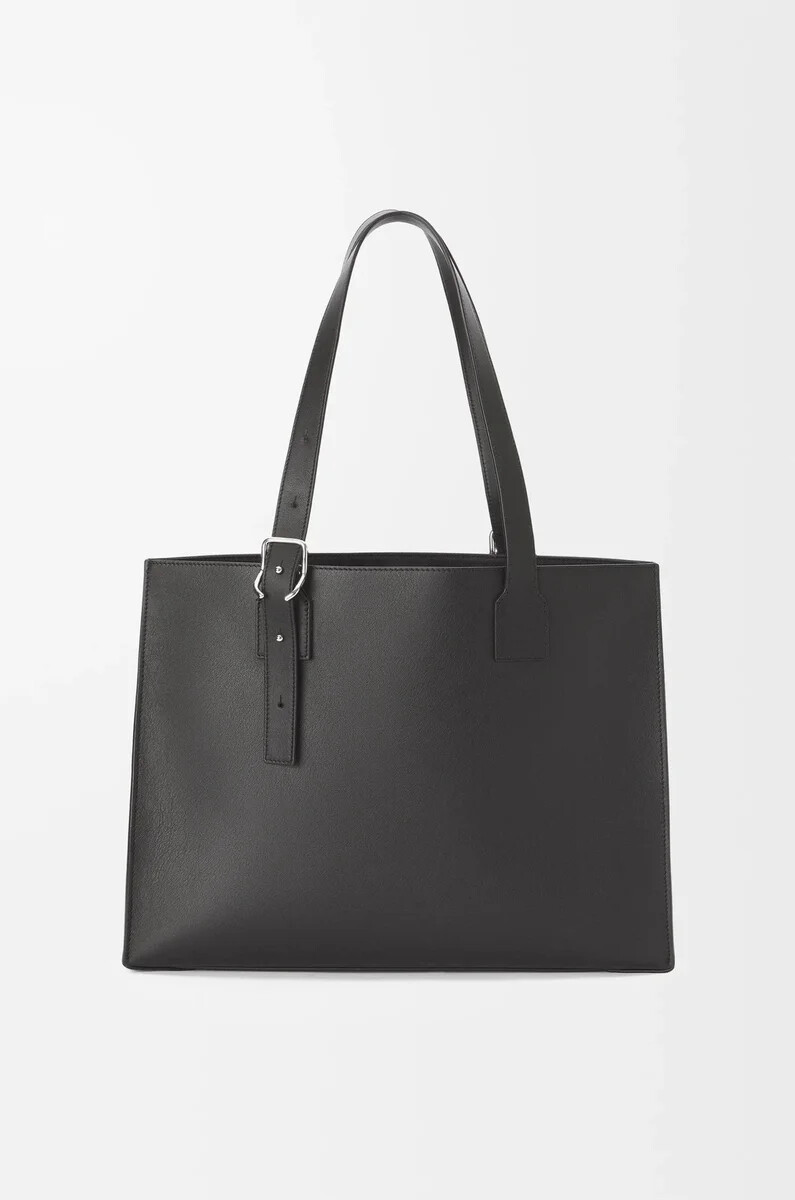 borsa tote orizzontale con fibbia in pelle di vitello classica nero