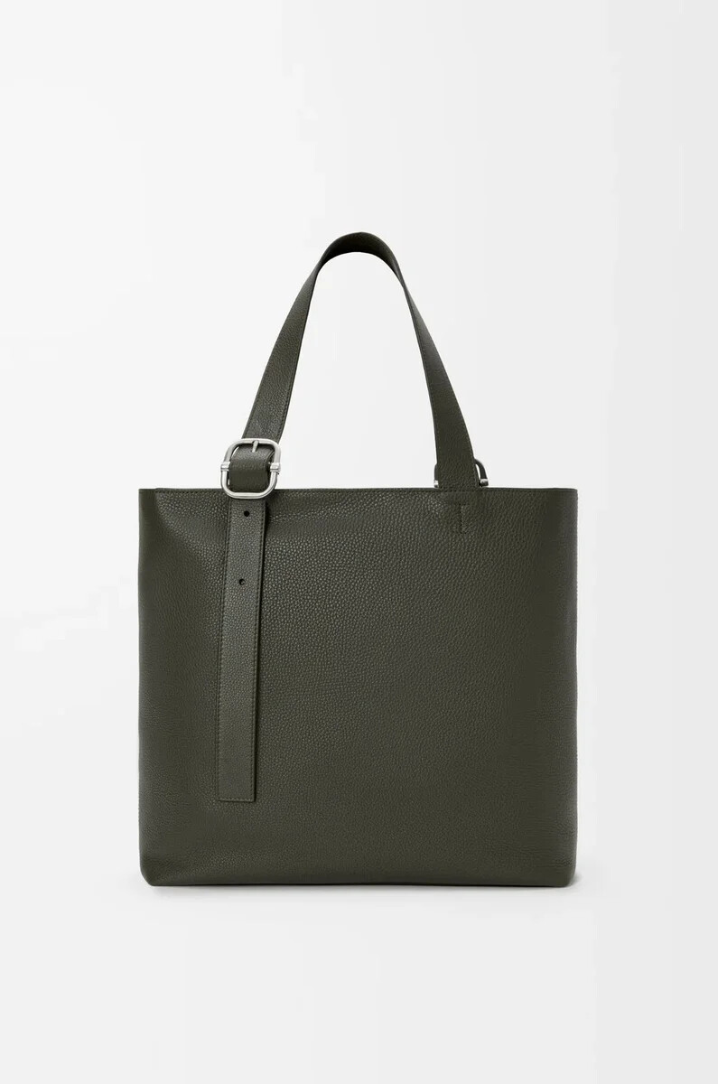 borsa tote con cerniera ad anello in morbida pelle di vitello granata color cachi scuro
