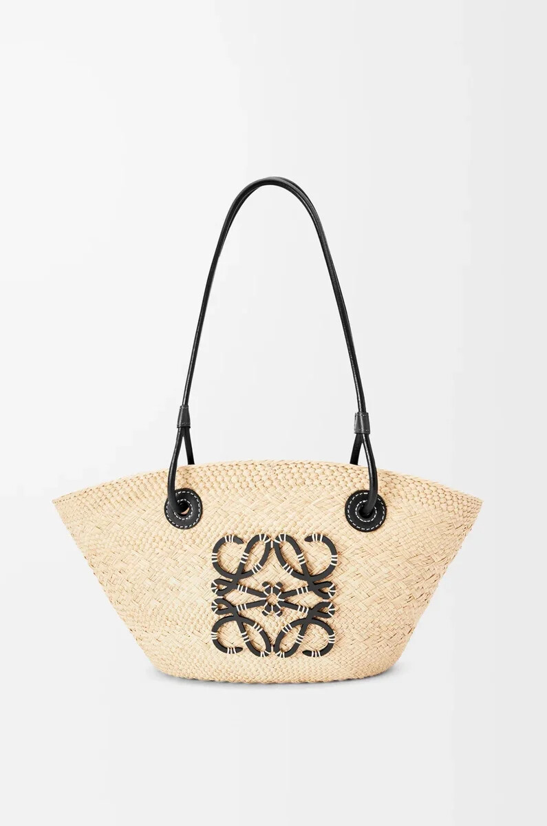 borsa anagram basket piccola in palma di iraca e pelle di vitello naturalenero