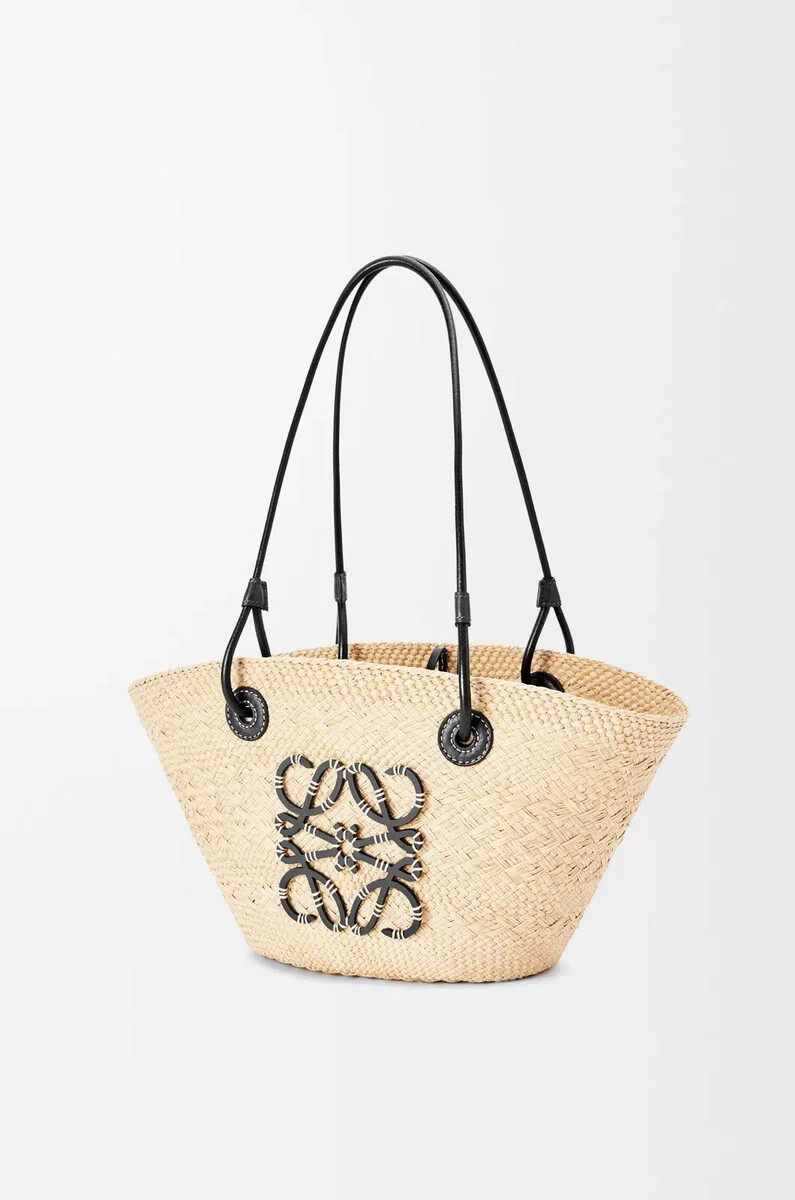 borsa anagram basket piccola in palma di iraca e pelle di vitello naturalenero