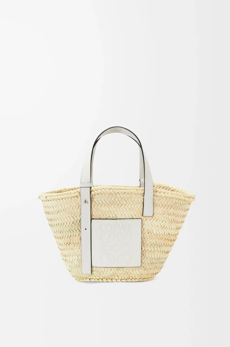 borsa a cestino in foglia di palma e pelle di vitello naturalebianco