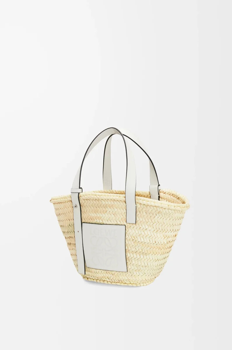 borsa a cestino in foglia di palma e pelle di vitello naturalebianco