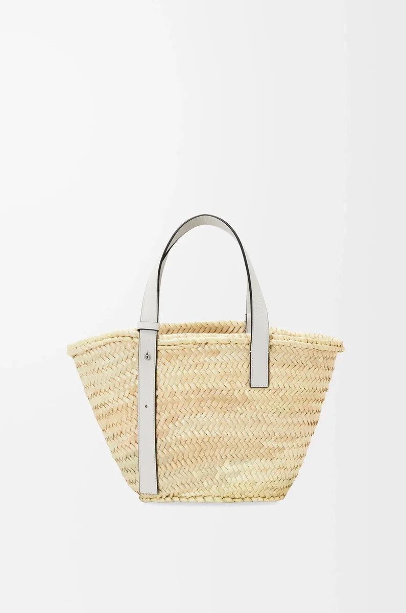 borsa a cestino in foglia di palma e pelle di vitello naturalebianco