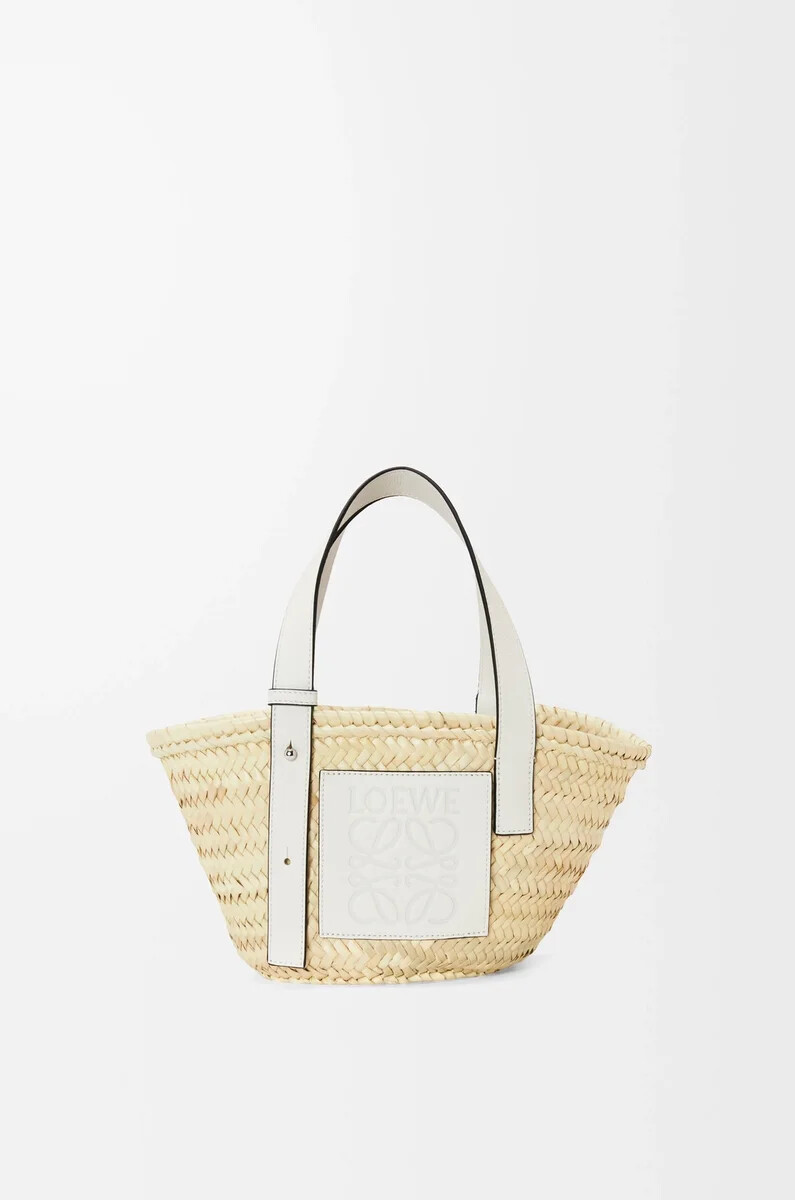 borsa a cestino piccola in foglia di palma e pelle di vitello naturalebianco
