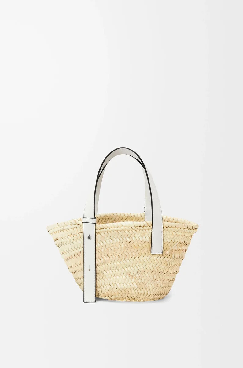 borsa a cestino piccola in foglia di palma e pelle di vitello naturalebianco