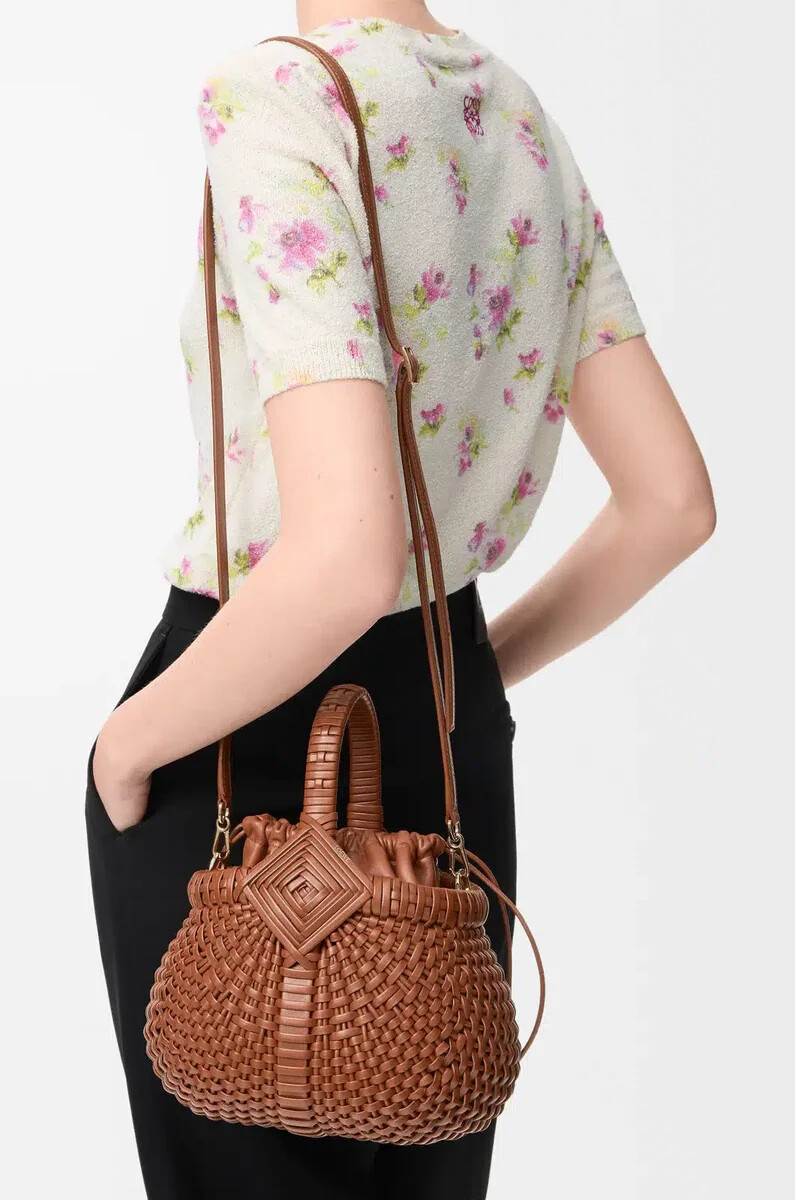 borsa mini diamond round basket in pelle di vitello dark tan