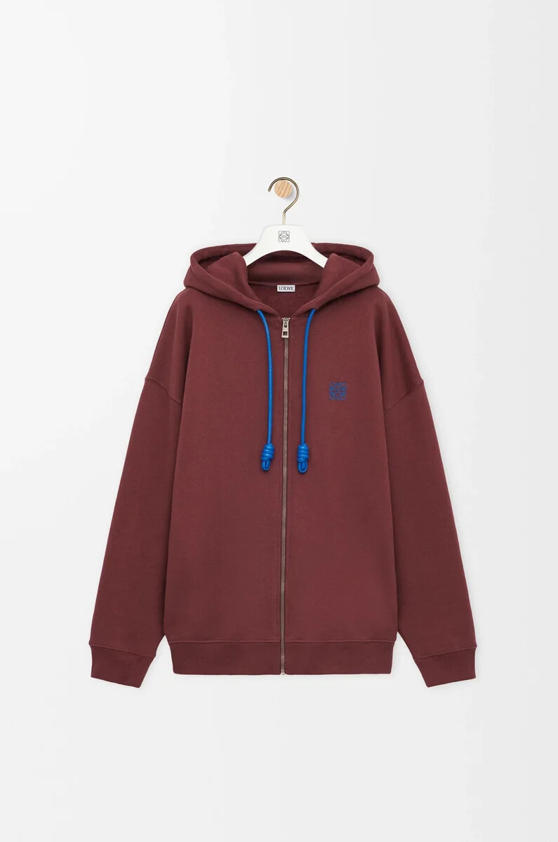 felpa con cappuccio e zip in cotone bordeaux
