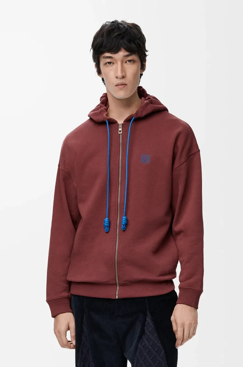 felpa con cappuccio e zip in cotone bordeaux