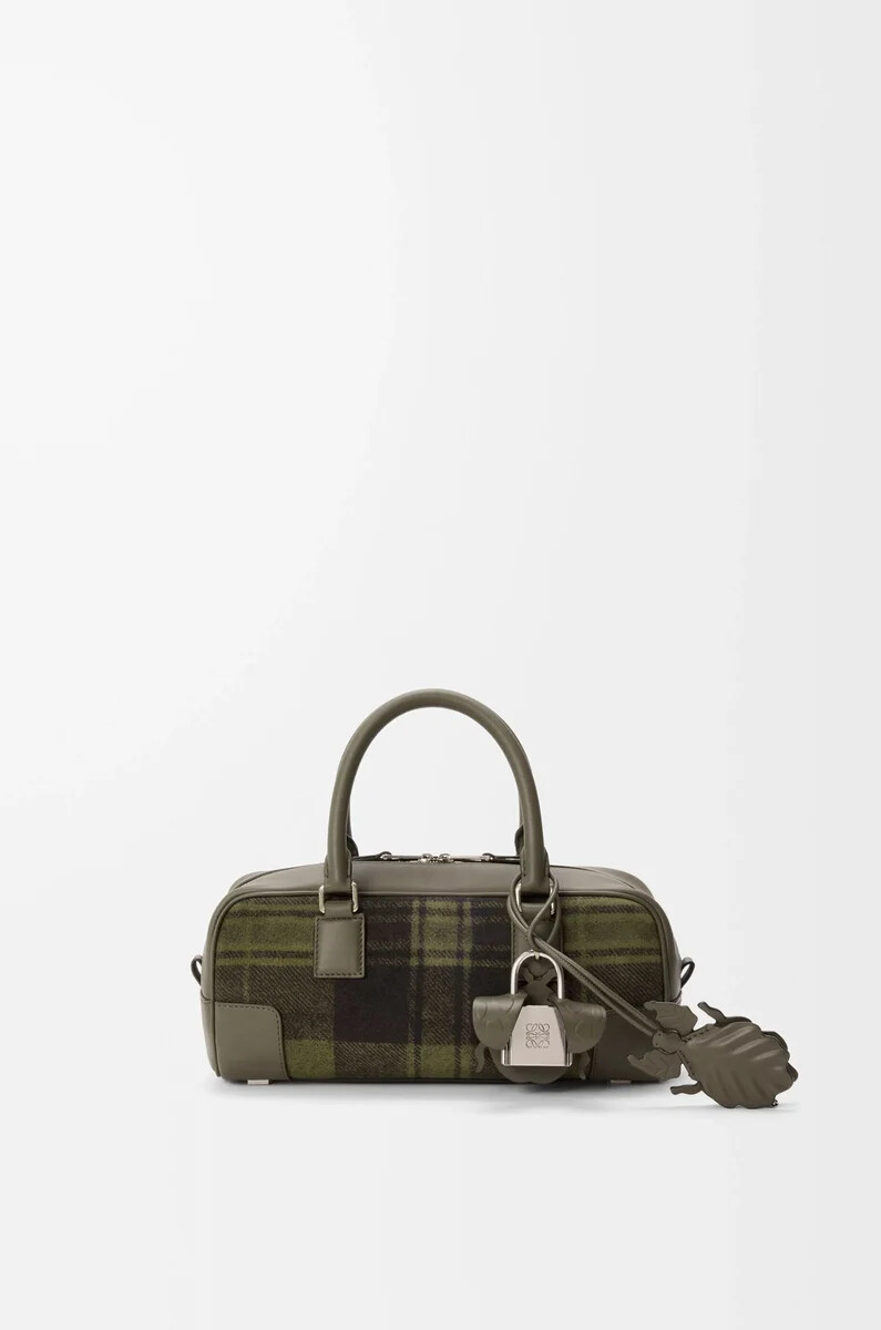borsa corta amazona 23 in pelle scamosciata tartan e vitello nappa color cachiverde