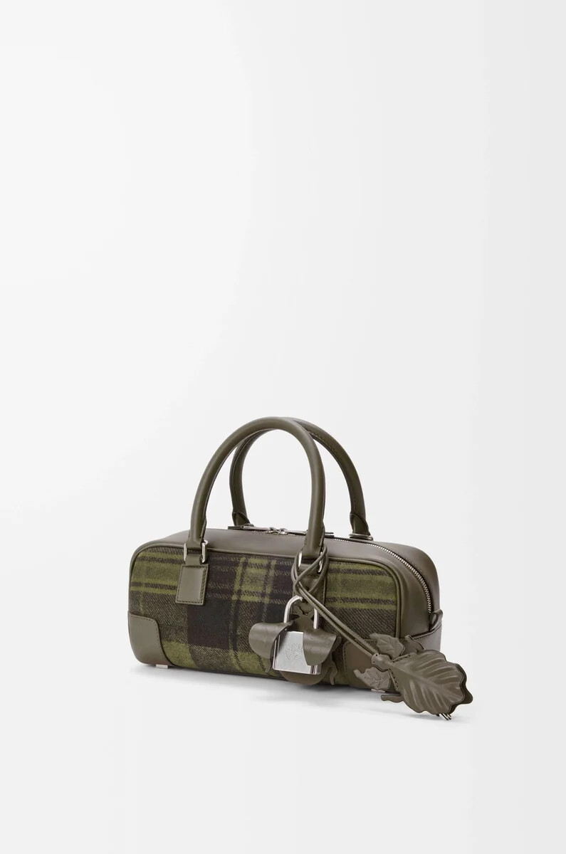 borsa corta amazona 23 in pelle scamosciata tartan e vitello nappa color cachiverde