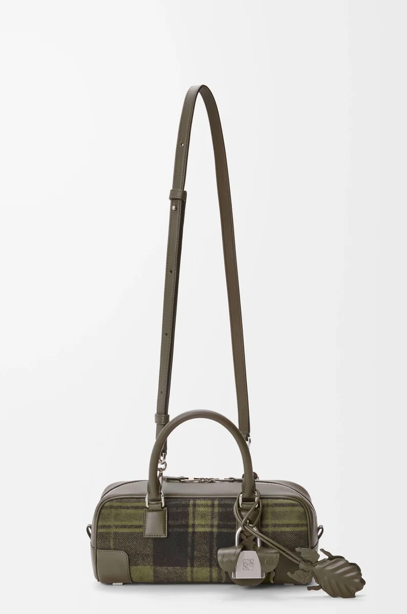 borsa corta amazona 23 in pelle scamosciata tartan e vitello nappa color cachiverde
