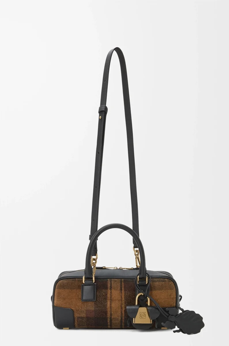 borsa corta amazona 23 in pelle scamosciata tartan e vitello nappa color cuoionero
