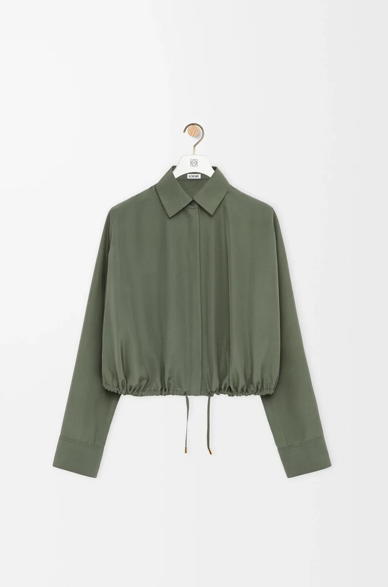 camicia a palloncino in seta verde kaki