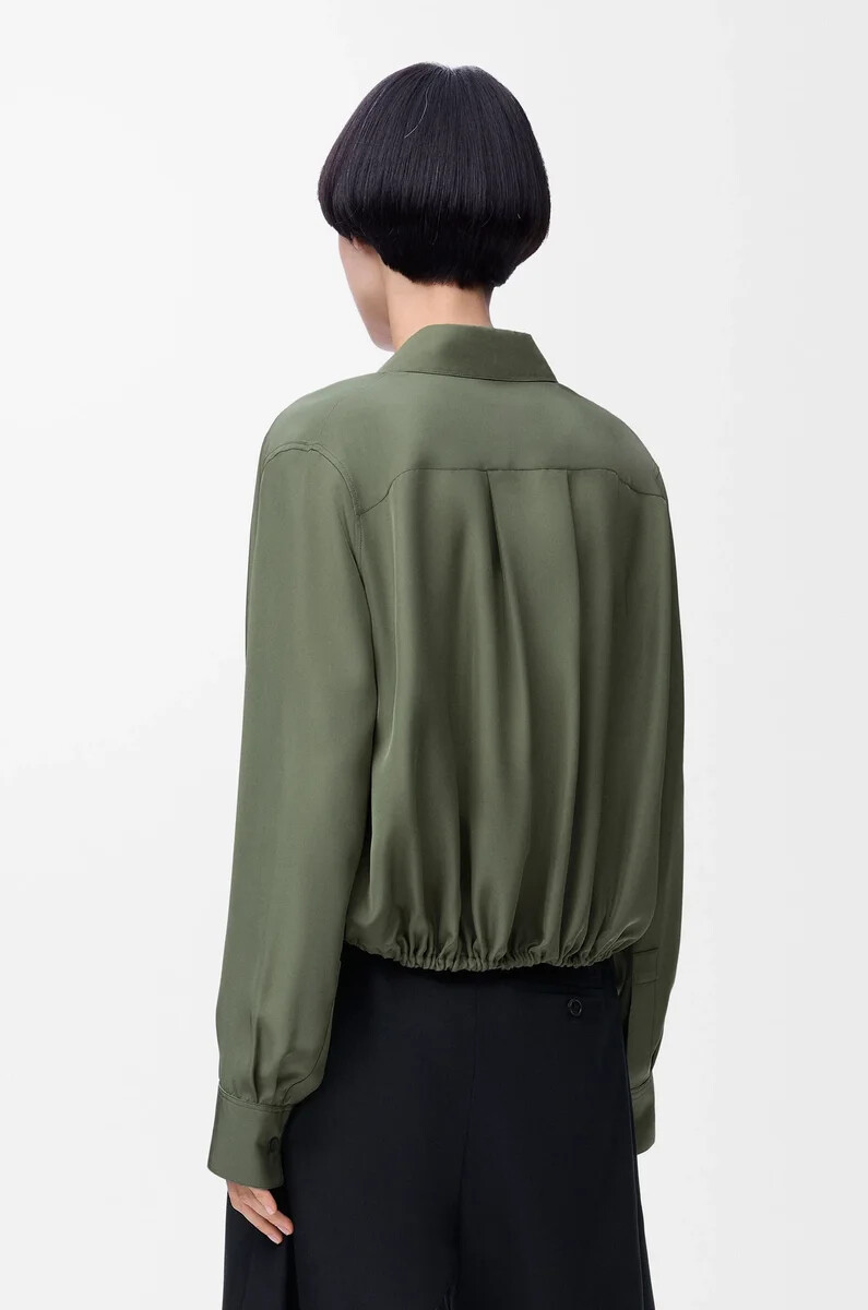 camicia a palloncino in seta verde kaki