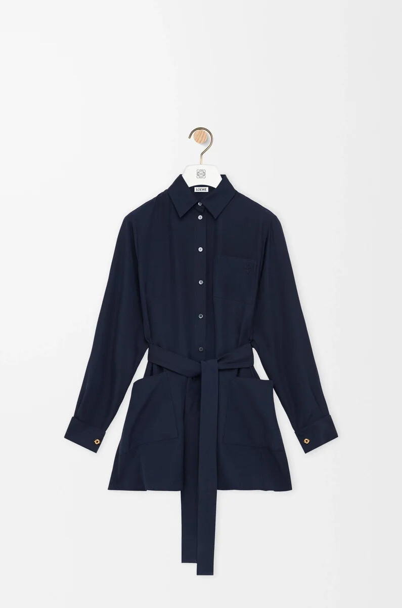 blusa con cintura in seta blu navy