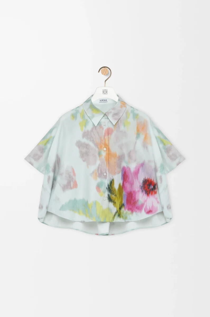 camicia a trapezio a manica corta in cotone e seta azzurromulticolore