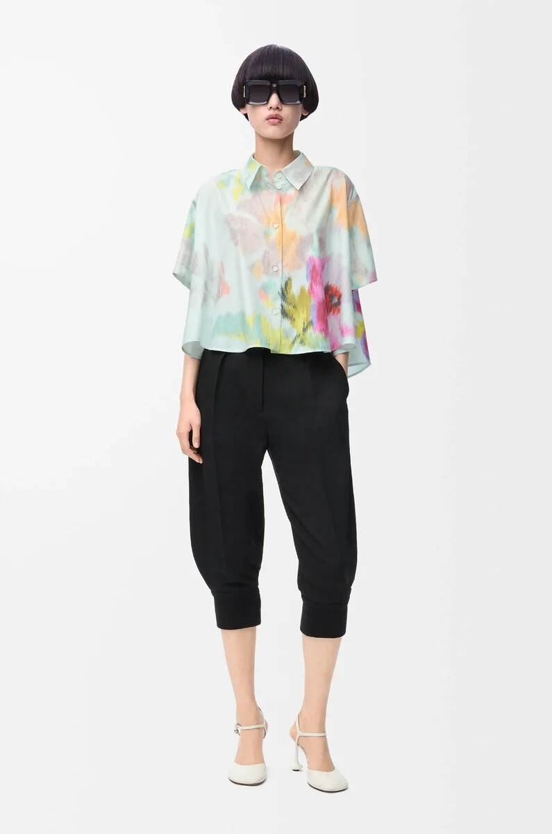 camicia a trapezio a manica corta in cotone e seta azzurromulticolore