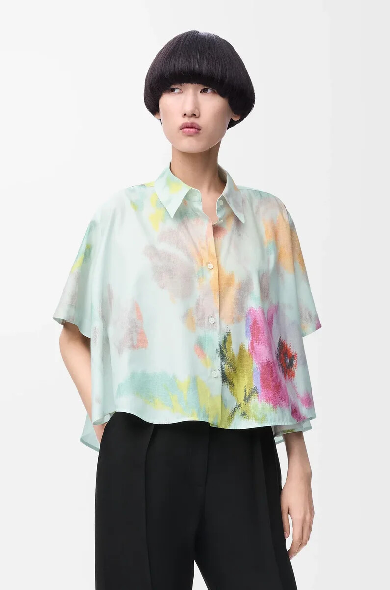 camicia a trapezio a manica corta in cotone e seta azzurromulticolore