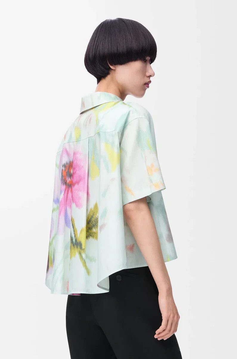 camicia a trapezio a manica corta in cotone e seta azzurromulticolore