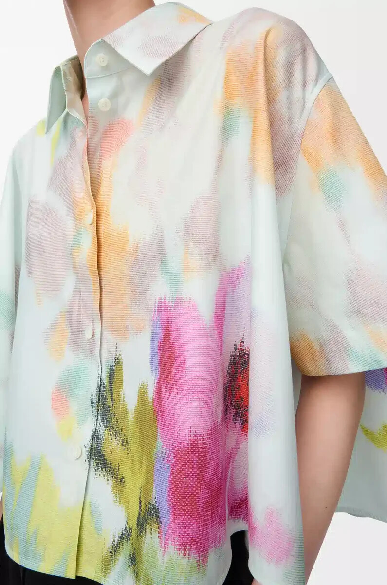 camicia a trapezio a manica corta in cotone e seta azzurromulticolore