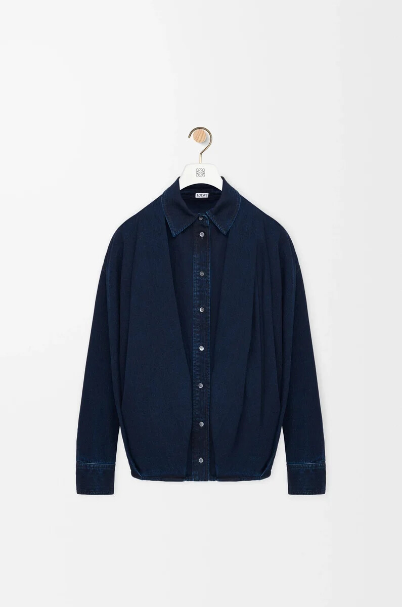 camicia drappeggiata in denim dark indigo