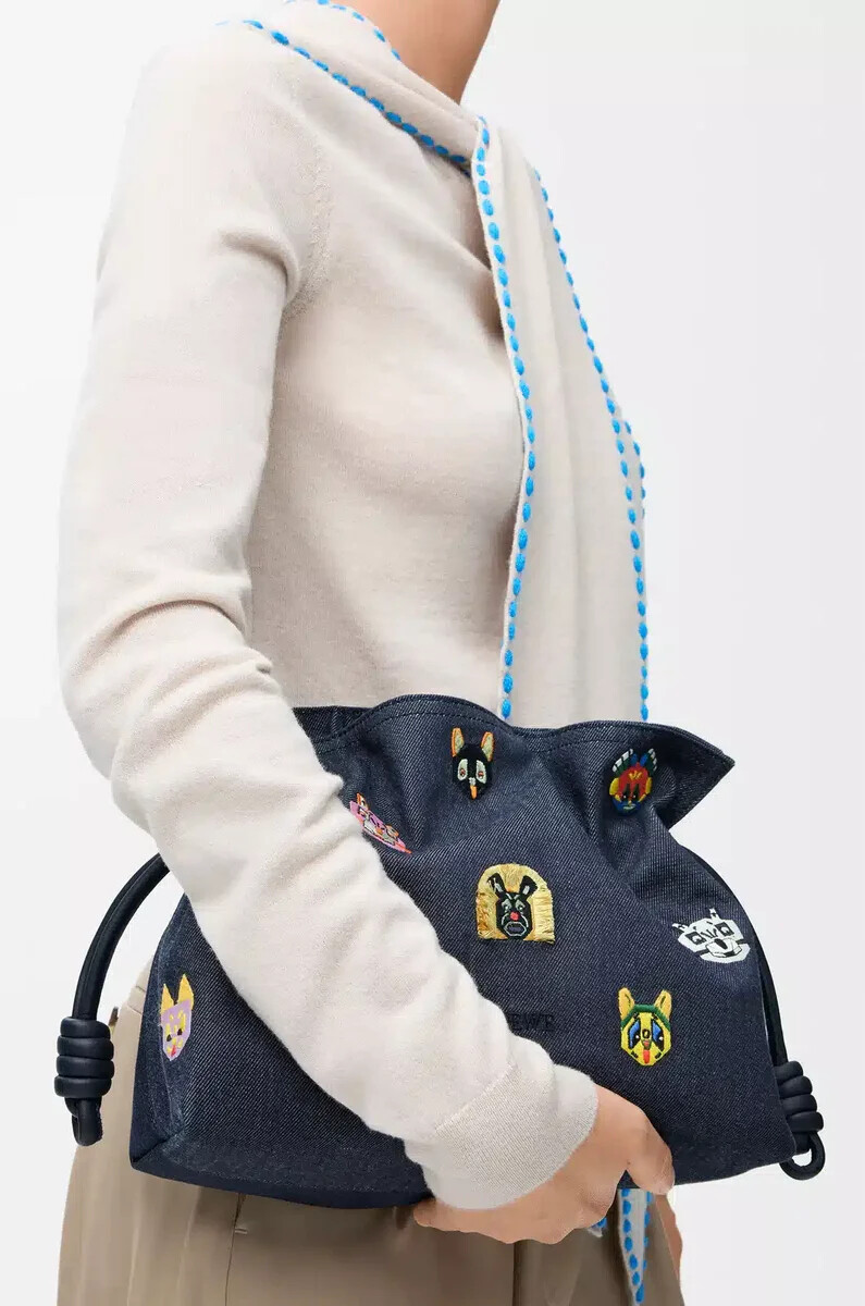 clutch flamenco media cats in denim ricamato blu