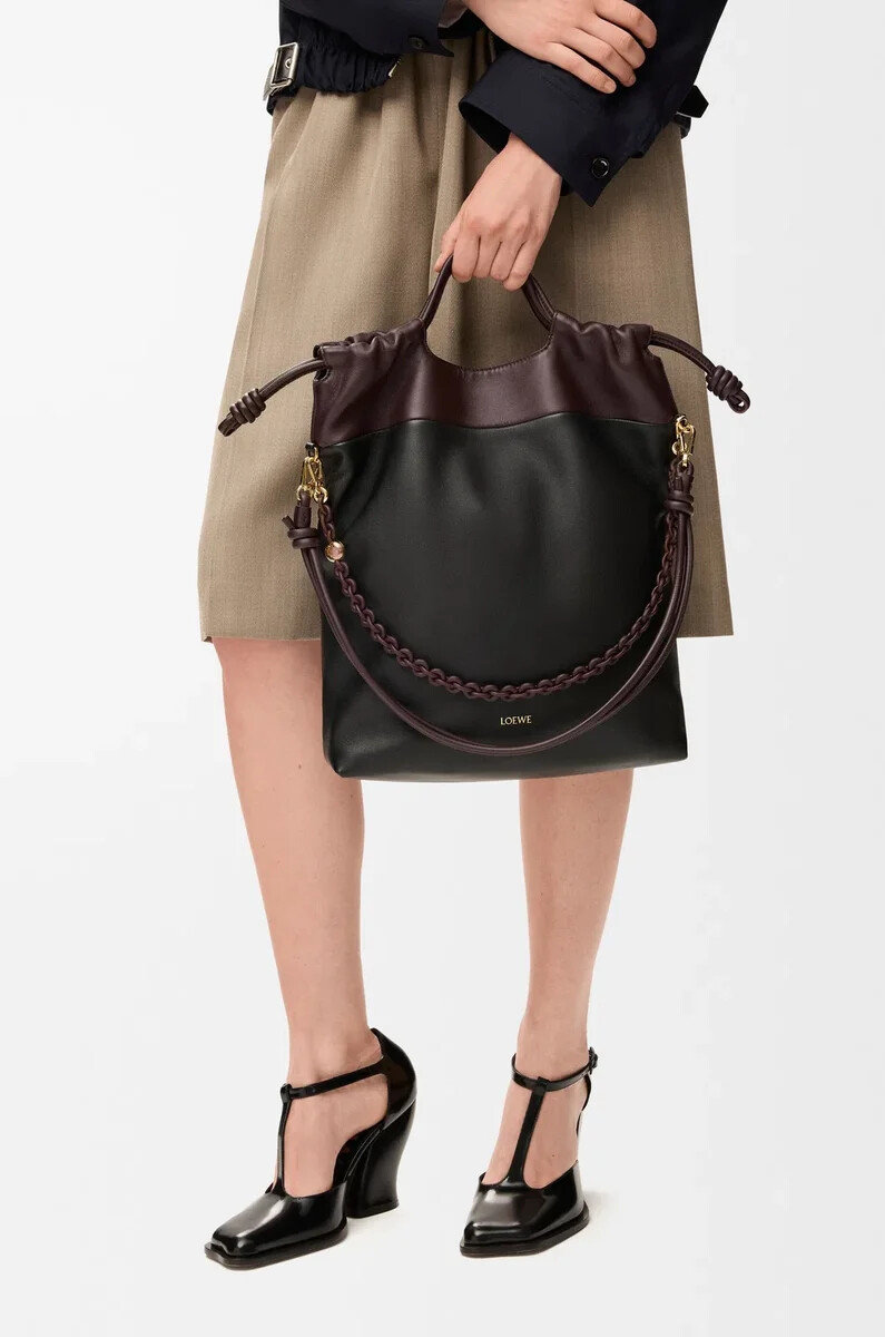 borsa tote flamenco in morbida nappa di agnello nerocastagna scuro