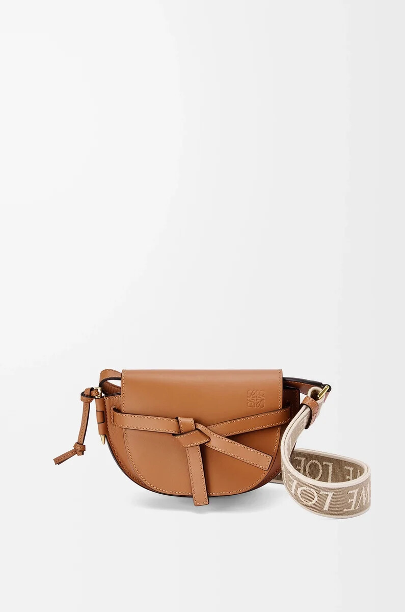 borsa mini gate dual in morbida pelle di vitello e jacquard tan