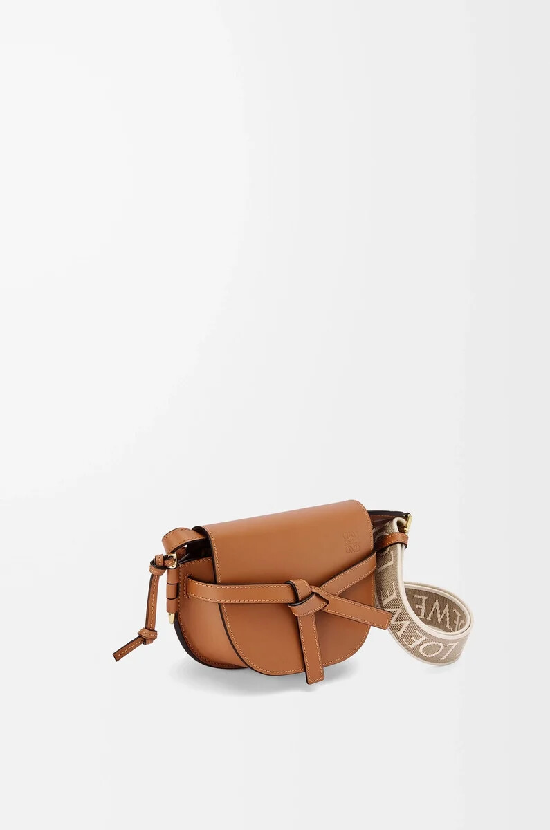 borsa mini gate dual in morbida pelle di vitello e jacquard tan