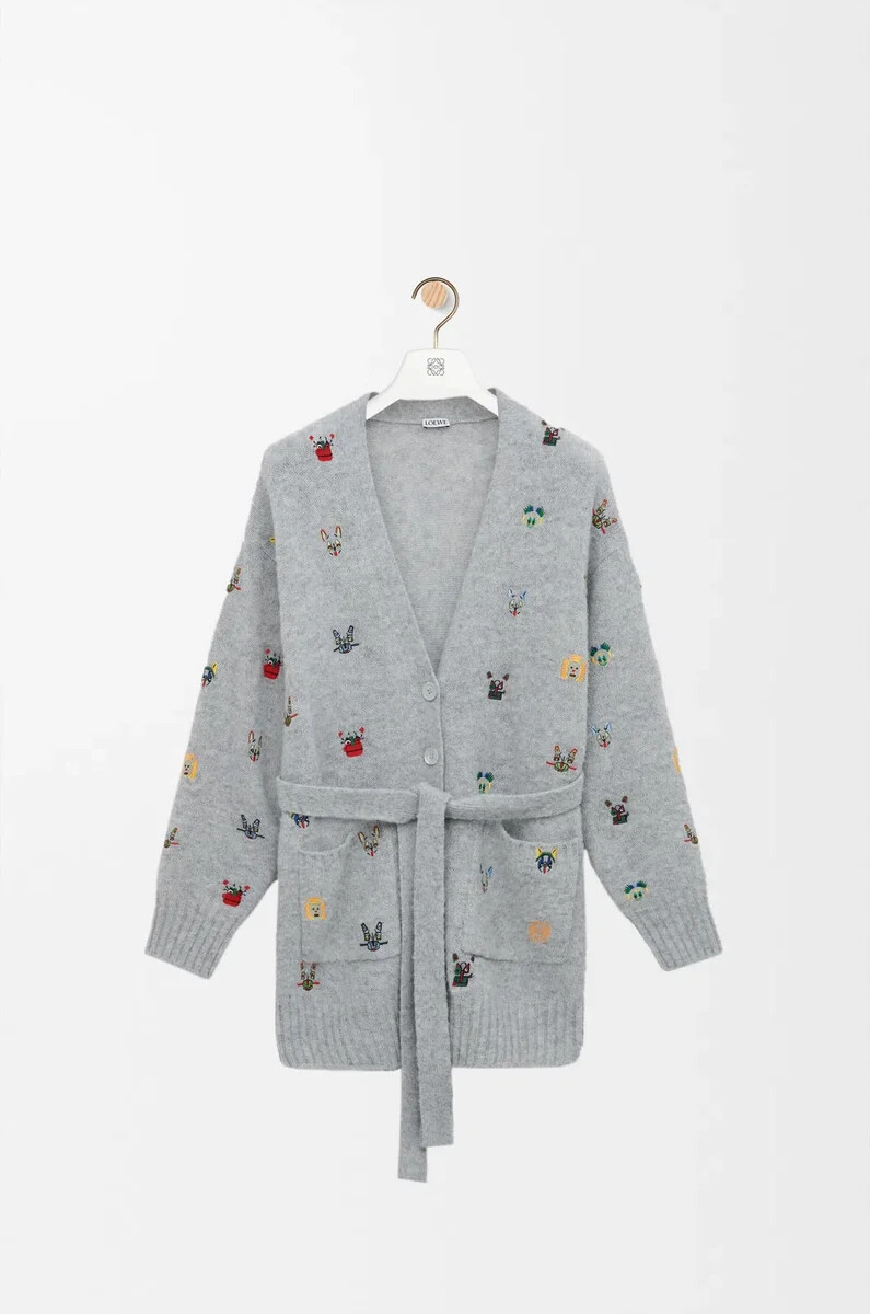 cardigan con cintura in lana grigiomulticolore