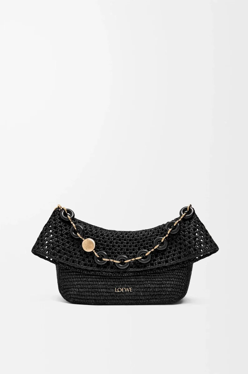 borsa ola media in rafia e pelle di vitello nero