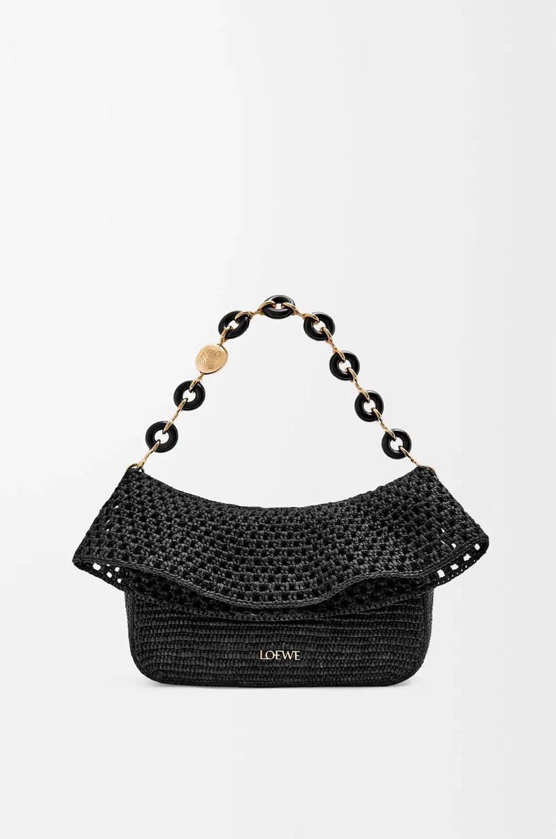 borsa ola media in rafia e pelle di vitello nero
