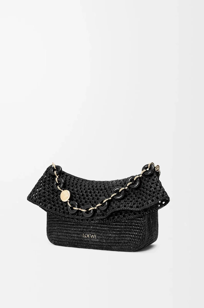 borsa ola media in rafia e pelle di vitello nero