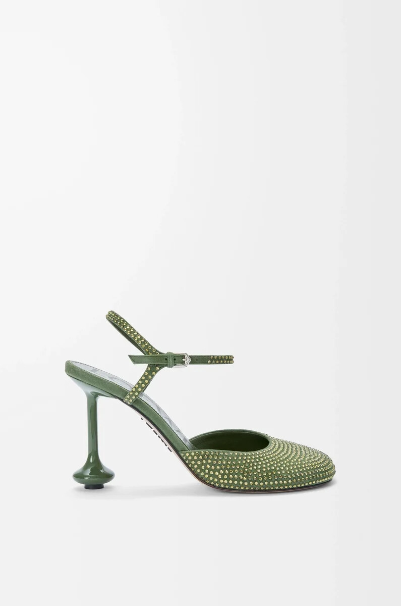 décolleté toy con cinturino alla caviglia in camoscio decorato con strass verde militare
