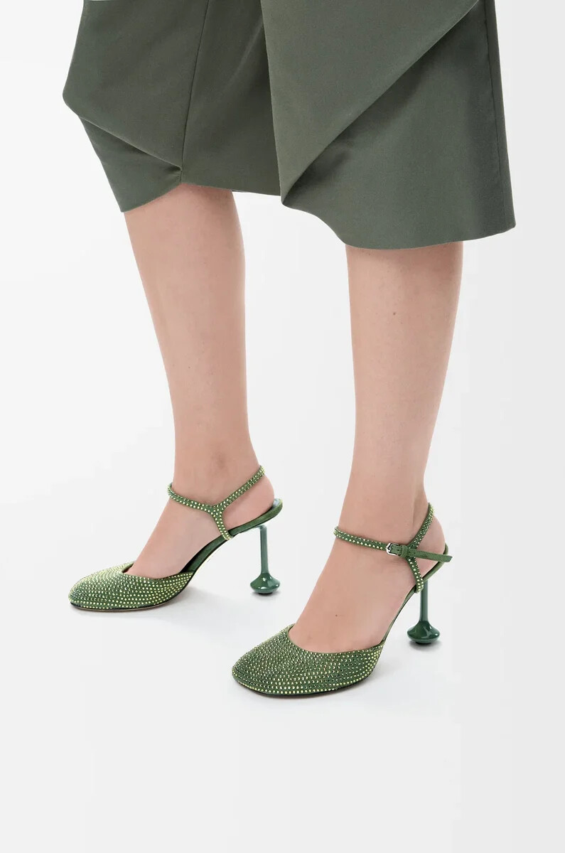 décolleté toy con cinturino alla caviglia in camoscio decorato con strass verde militare