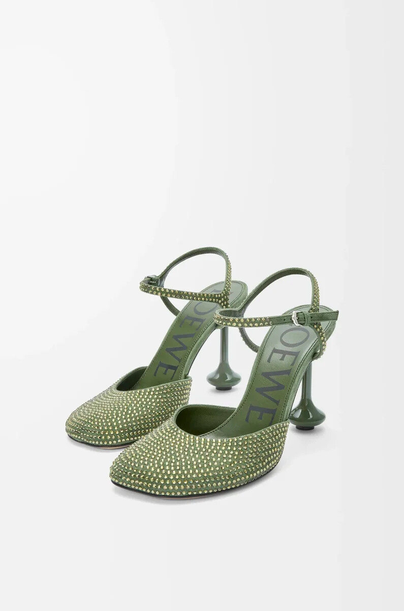 décolleté toy con cinturino alla caviglia in camoscio decorato con strass verde militare