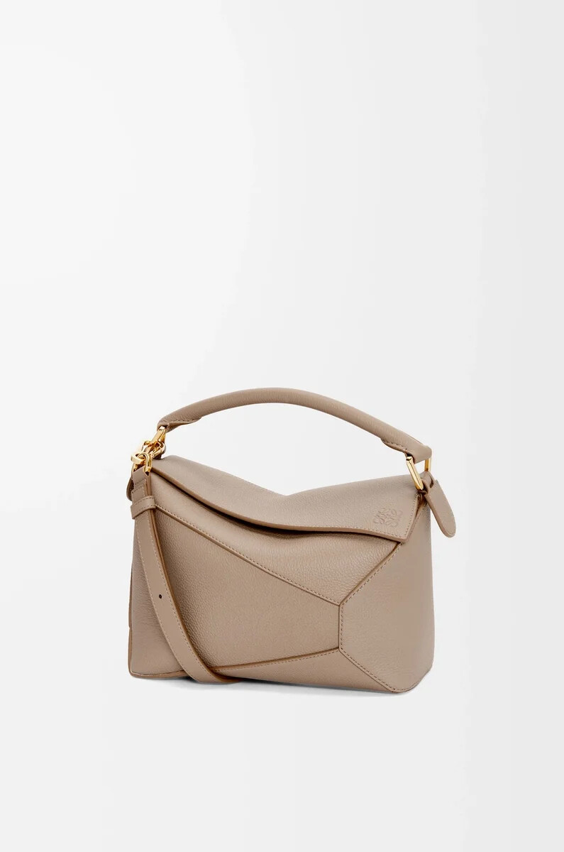 borsa puzzle edge piccola in morbida pelle di vitello granata sabbia