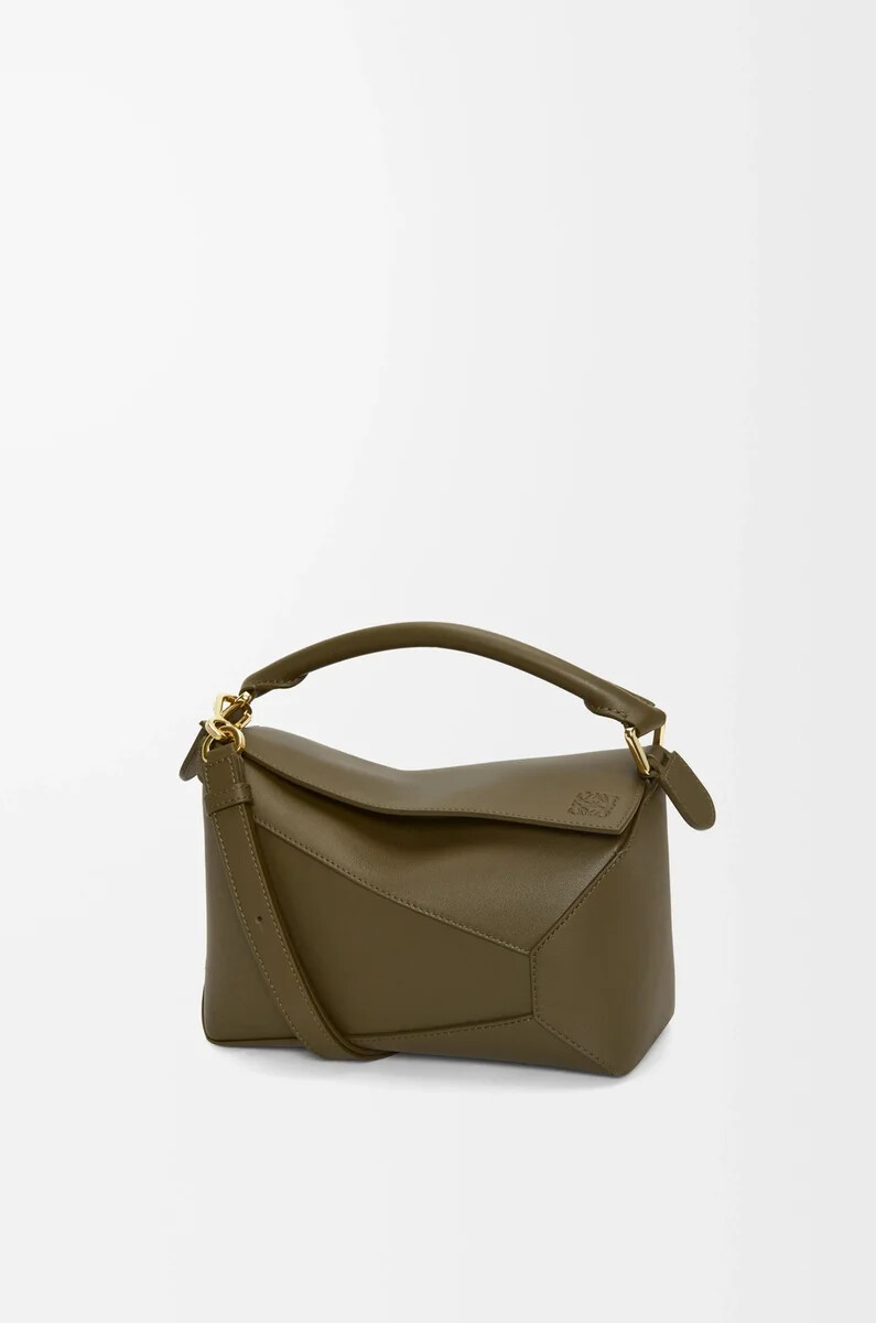 borsa puzzle edge piccola in pelle di vitello classica dark khaki