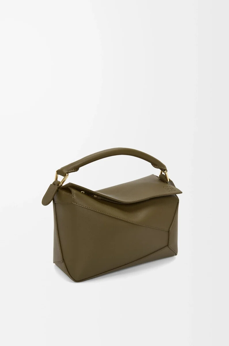 borsa puzzle edge piccola in pelle di vitello classica dark khaki