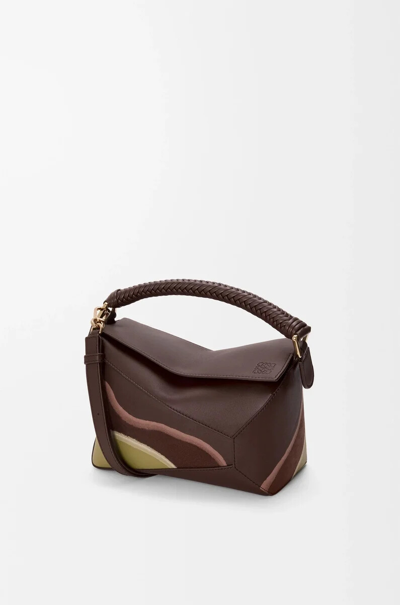 borsa puzzle edge landscape piccola in pelle di vitello nappa cioccolatomuschio chiaro