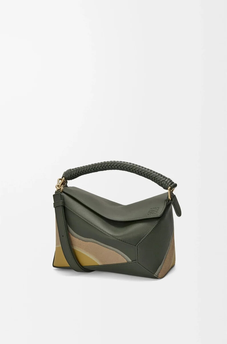 borsa puzzle edge landscape piccola in pelle di vitello nappa verde bottigliaocra