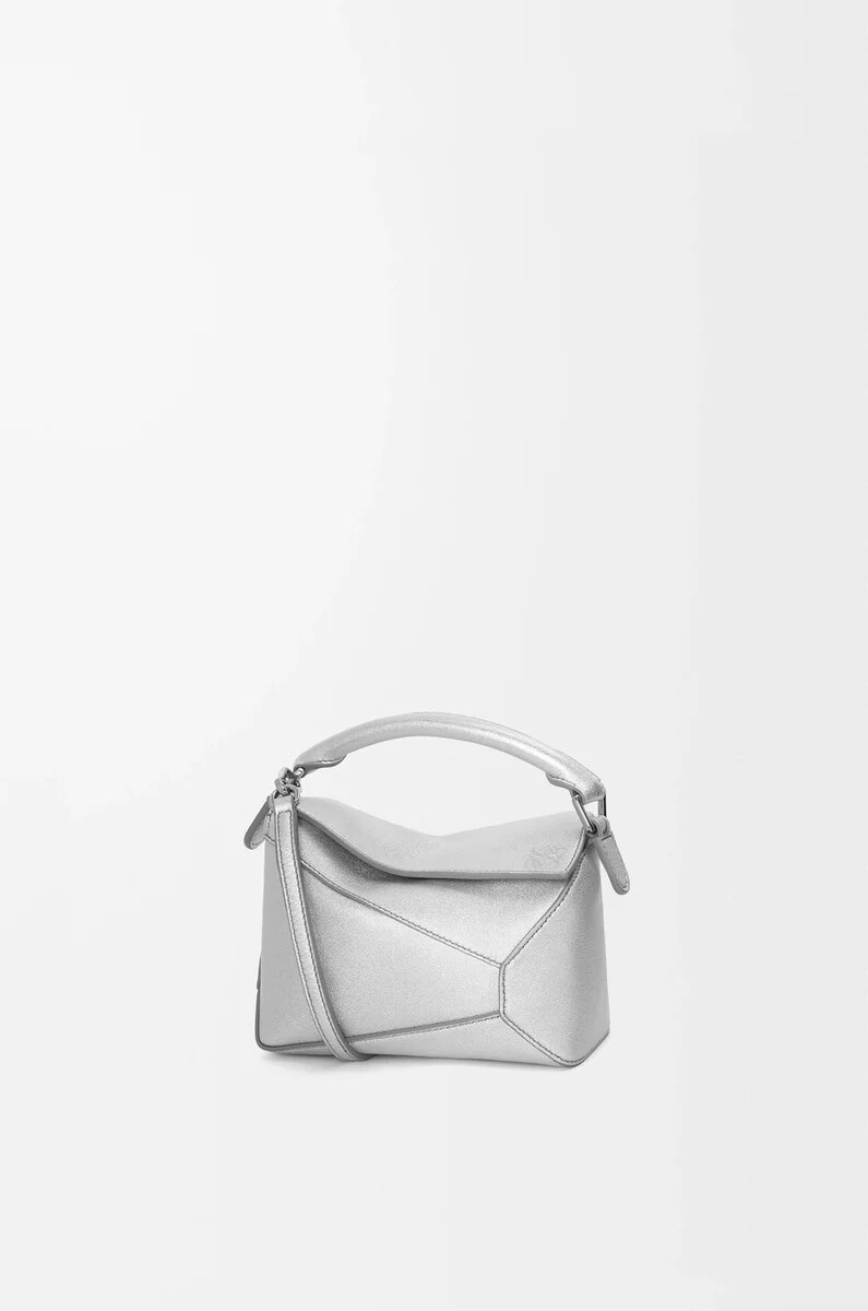 borsa mini puzzle edge in pelle di agnello laminata argento