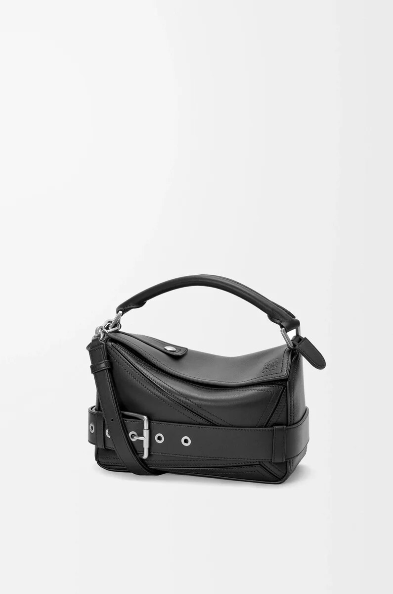 borsa puzzle biker piccola in pelle di vitello lucida nero