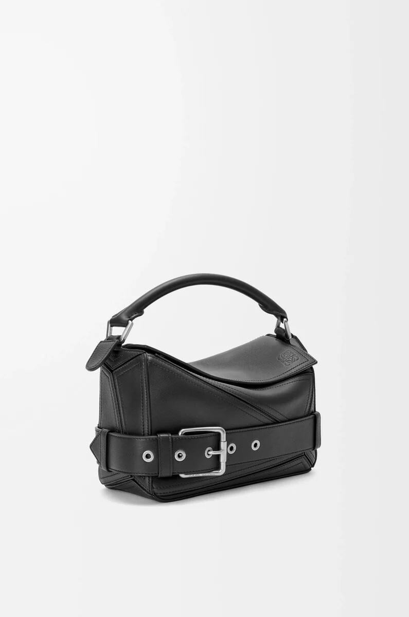 borsa puzzle biker piccola in pelle di vitello lucida nero