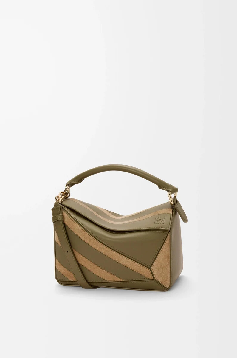 borsa puzzle piccola in vitello classico e camoscio olivaoro