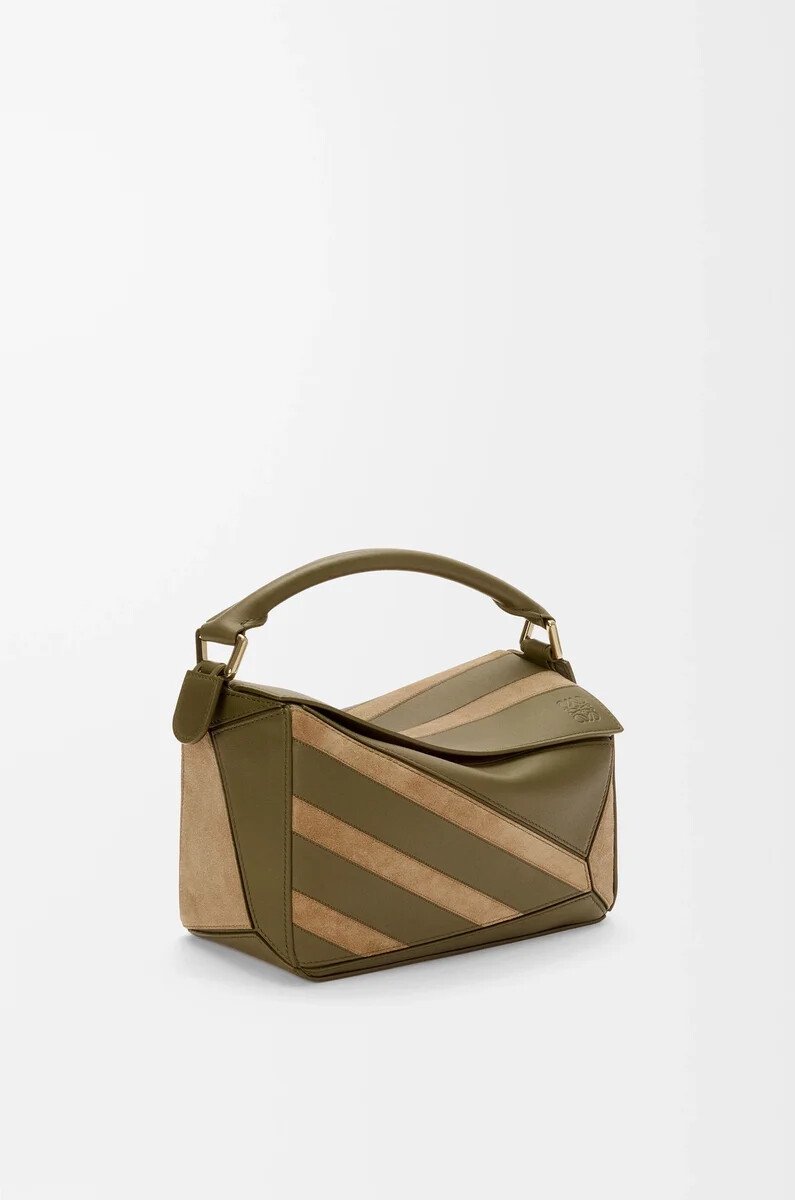 borsa puzzle piccola in vitello classico e camoscio olivaoro