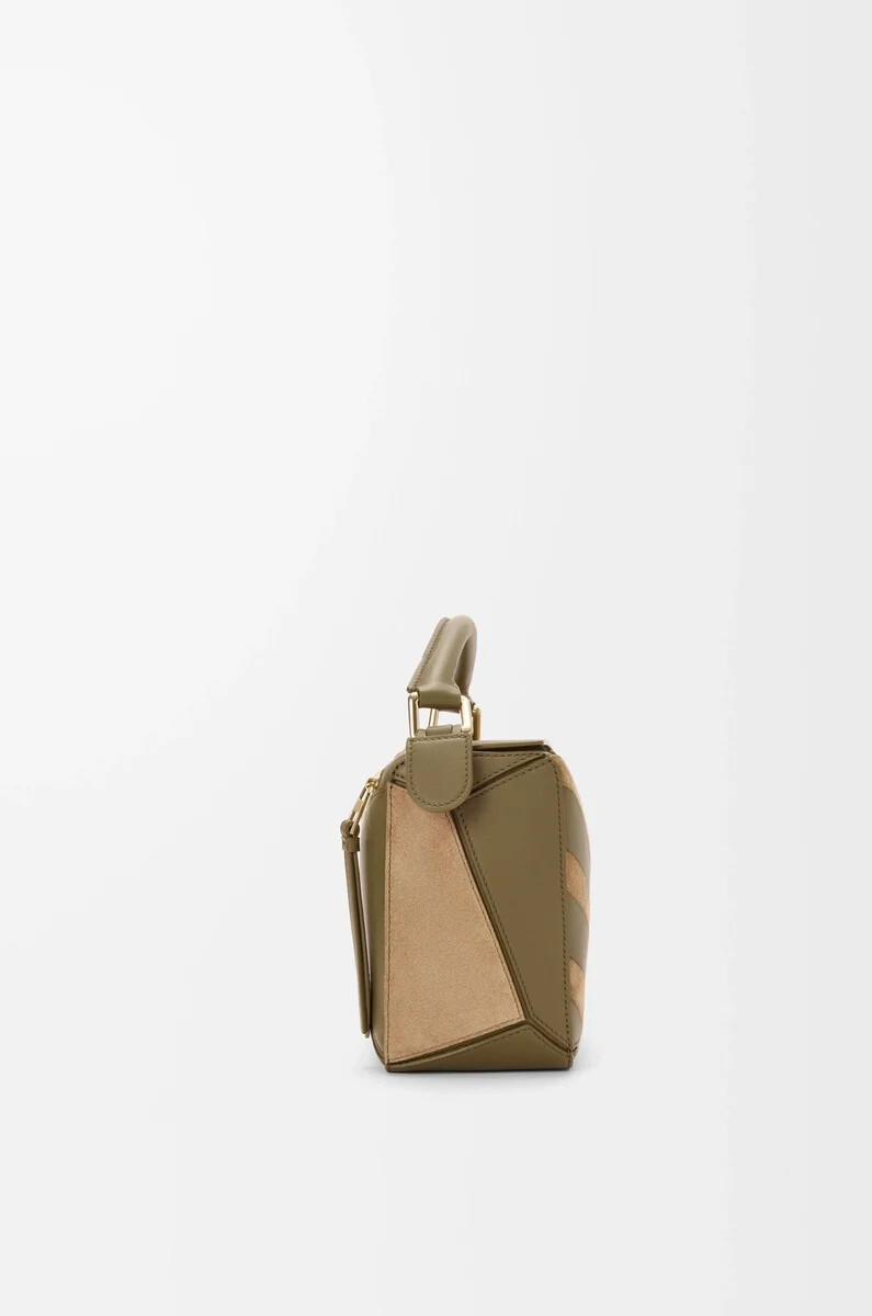 borsa puzzle piccola in vitello classico e camoscio olivaoro