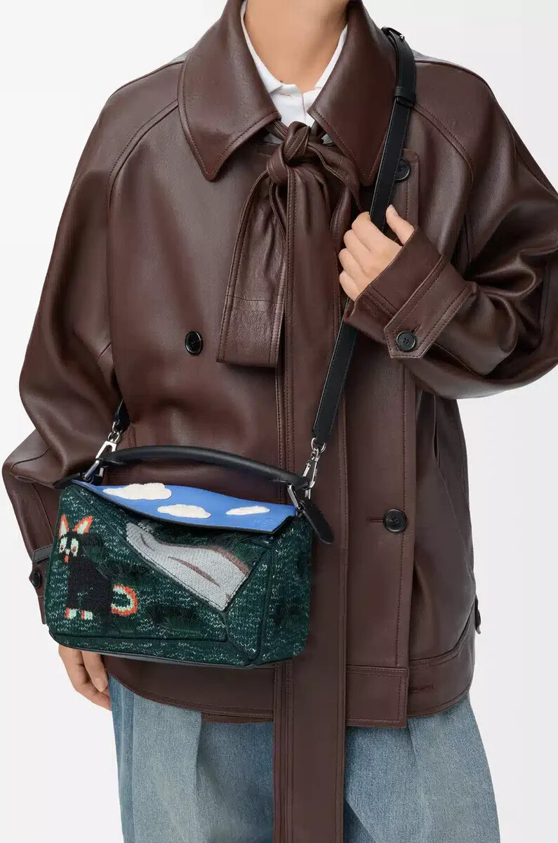 borsa puzzle piccola futurist cat in maglia ricamata e pelle di vitello classica multicolore verde